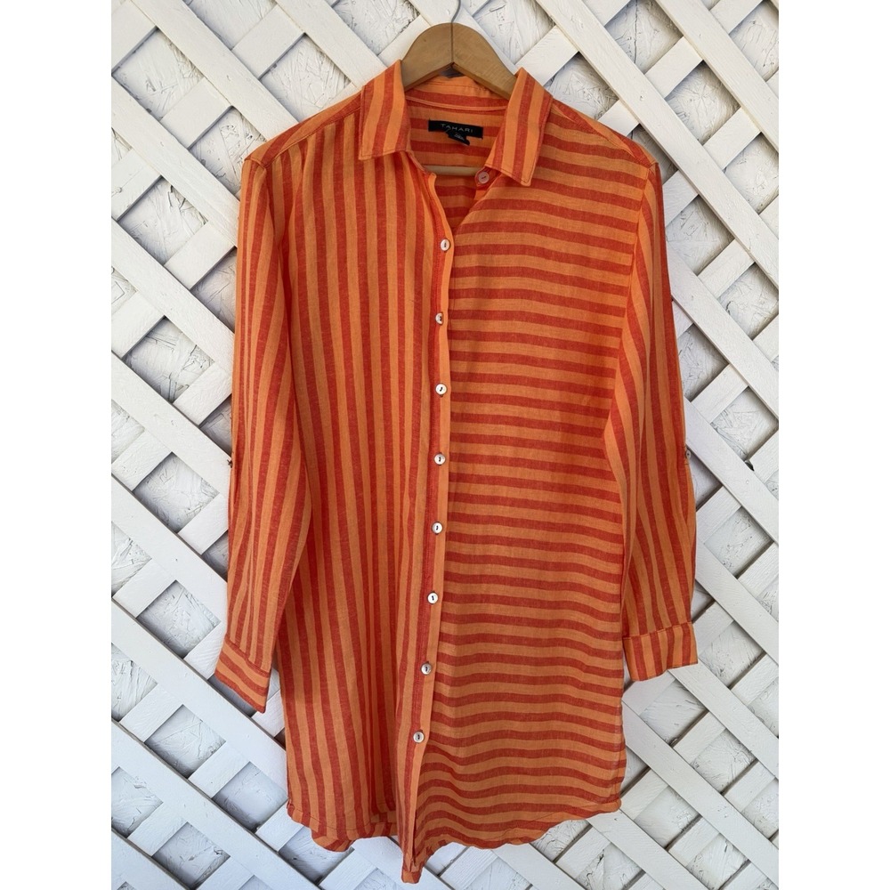 Tahari Linen Blend Striped Long Sleeve Tunic Roll-Tab Orange Medium Boho Chic M